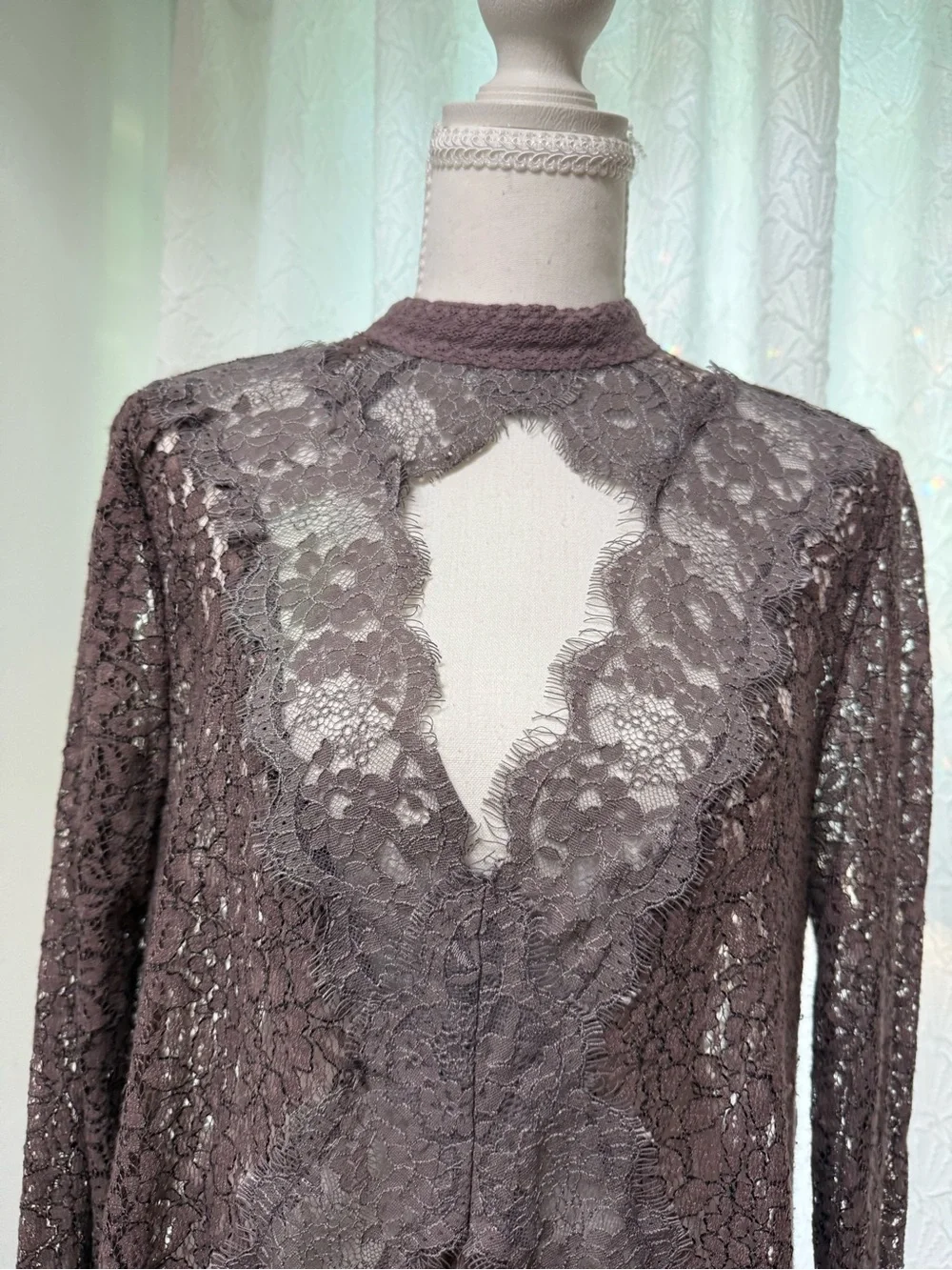 Free People Mauve Crochet Lace High-Neck Top